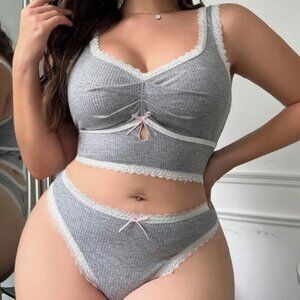 Contrast Lace Ruched Bow Detail Wireless Bra & Panty Lingerie Set